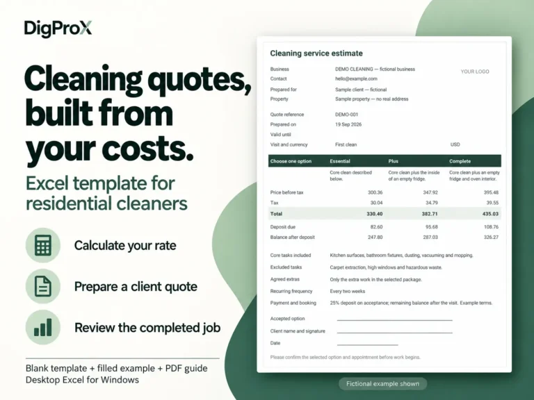 Cleaning Quote Calculator & Job Review Template for Excel